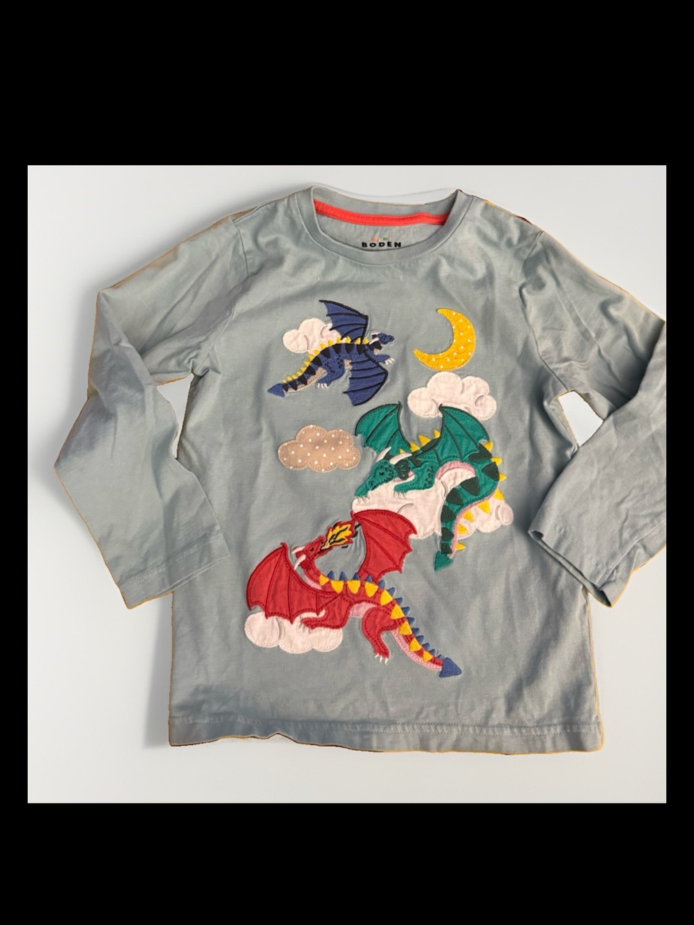Boden Grey Long-Sleeve Tee with Colorful Dragon Appliqués